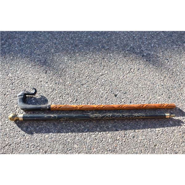 2 wood walking canes - vintage, one with elephant head