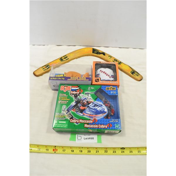 Assorted Lot w/ Boomerang, G.I. Joe Figure, Rangers Jersey, Dino