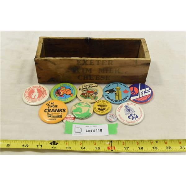 Small Wooden Box w/ Misc. Pin Back Buttons