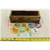 Image 1 : Small Wooden Box w/ Misc. Pin Back Buttons