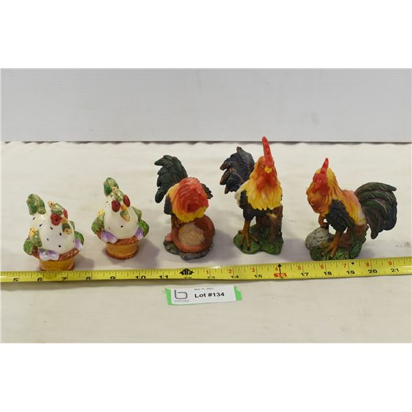 3 Rooster Ornaments & S&P Chicken Shakers