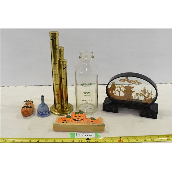 Misc Lot w/ Ornaments, Glass Milk Jug, Coin Counter