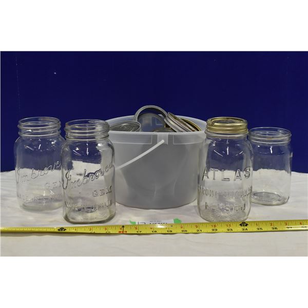 4 Mason Jars & Bucket of Lids