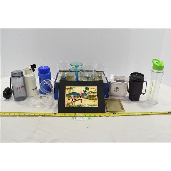 Assorted Lot w/ Plastic Cups, Water Bottles & Picture Frame