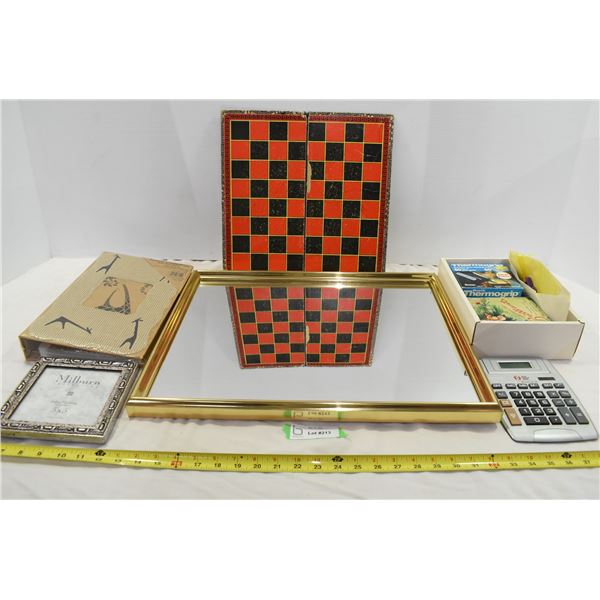 Gold Framed Mirror, Marbles, Cardboard Photo Album, Misc.