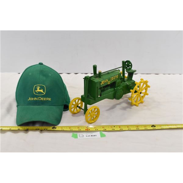 Cast Iron Painted John Deere Tractor & Hat