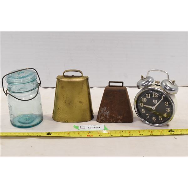 Cow Bells, Alarm Clock & Blue Jar