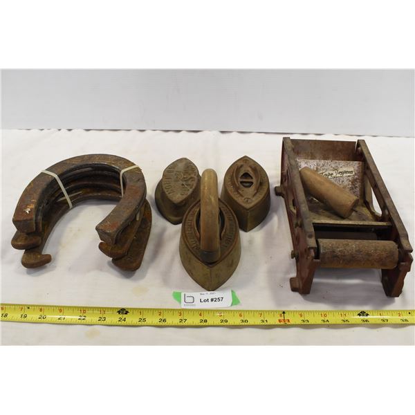 Vintage Horse Shoes, Irons, Tape Dispenser