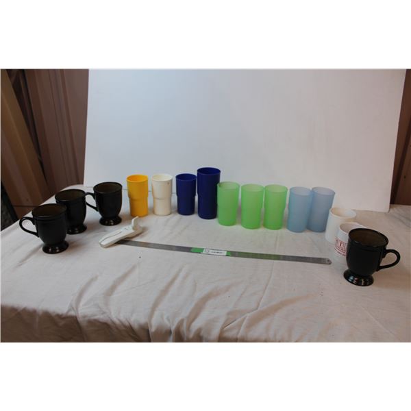 Plastic cups, mugs, can opener