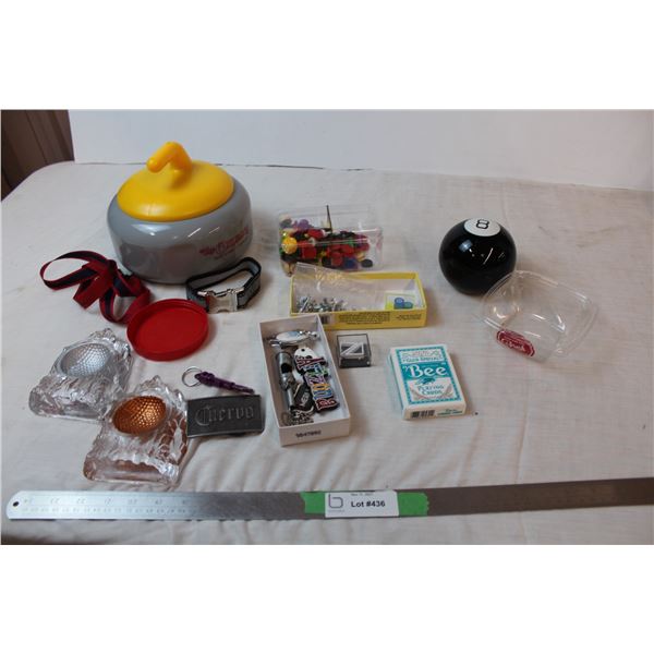 Misc. Items; belt buckle, 8 ball, playing cards