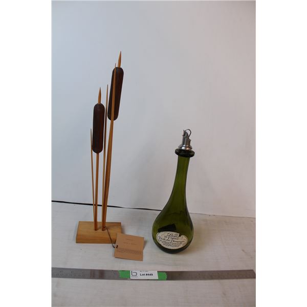 Vintage cognac bottle, Handcrafted wooden cattails