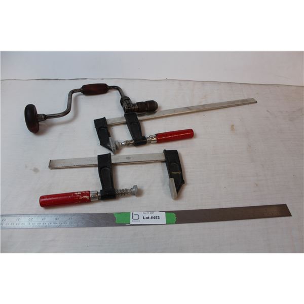 Hand drill, two wood clamps