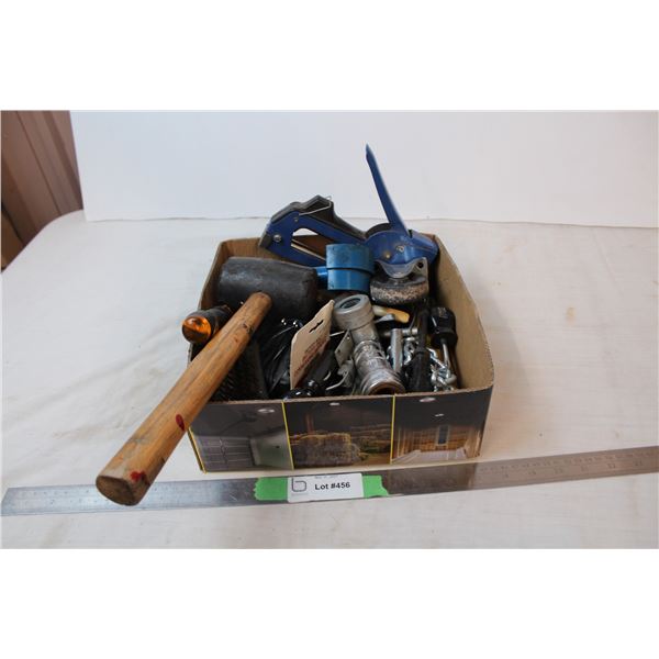 misc. Garage items; rubber mallet, staple gun, battery cleaner