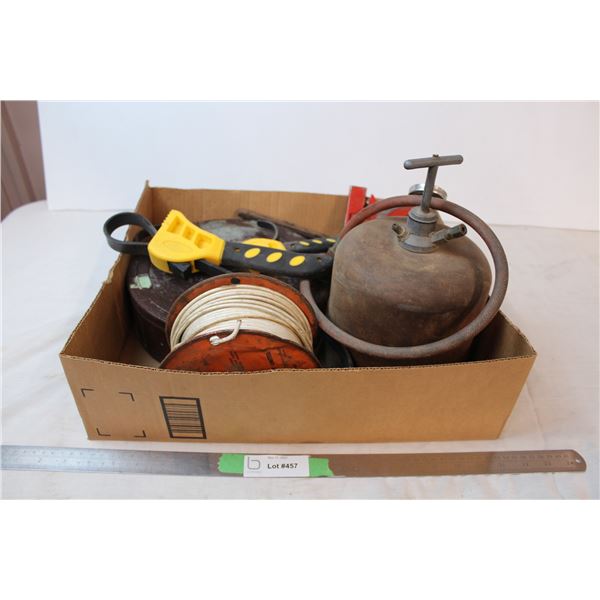 misc. Garage items; filter wrench, staple gun, vintage film reel container