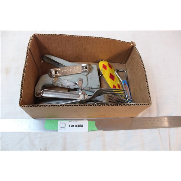 misc. Items; swingline tacker, fishing lure, bottle opener