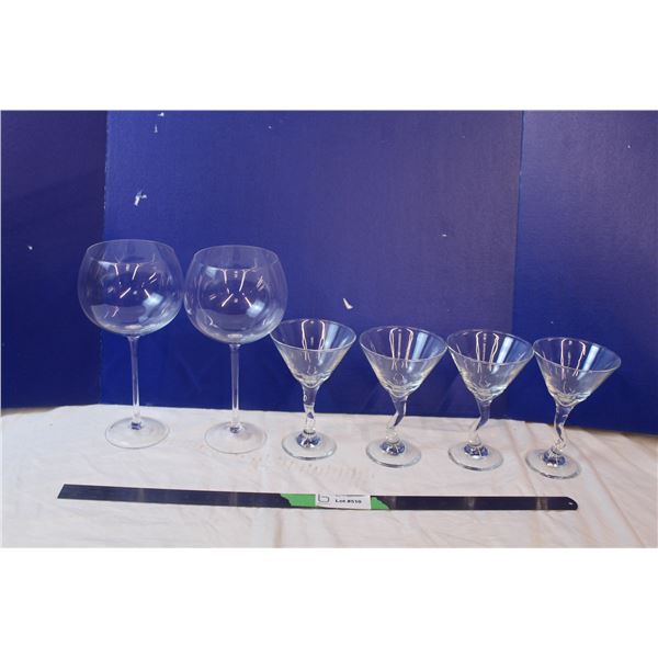 Martini glasses with crooked stems, brandy glasses