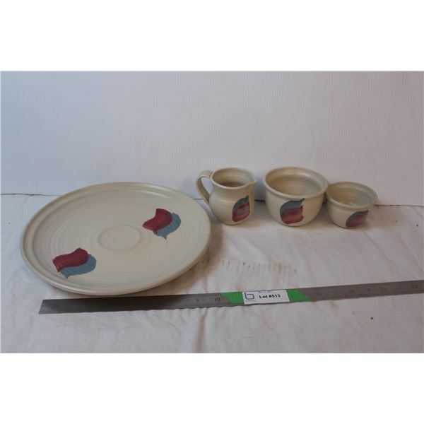 Pottery set: cream & sugar with dip & tray