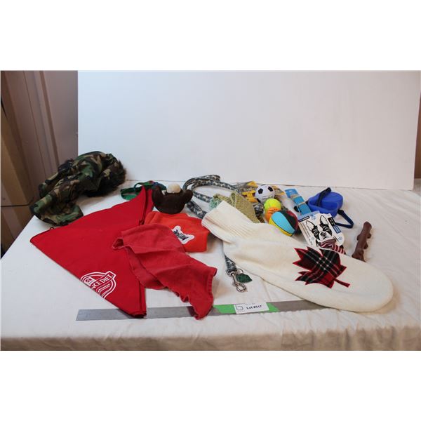 Dog clothes, camo jacket (med), New Browning leashes/collars, dog toys