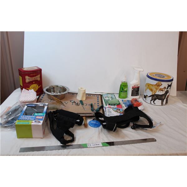 Dog care lot, new travel harness, clippers, food mat, etc