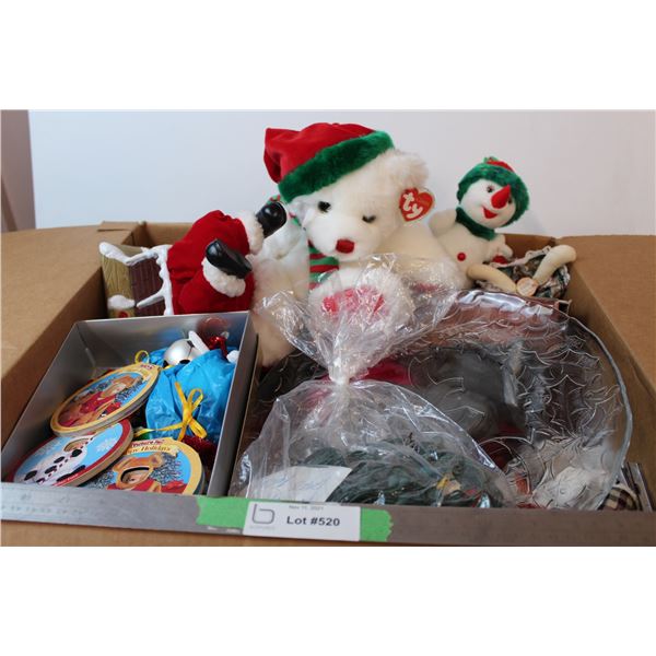 Lot of holiday decor: Ty Xmas Beanies, candle holders, trays