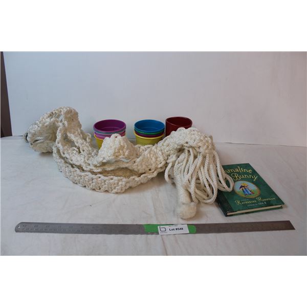 Macrame plant holder, plastic Easter egg dying cups, “Emmaline and the Bunny”
