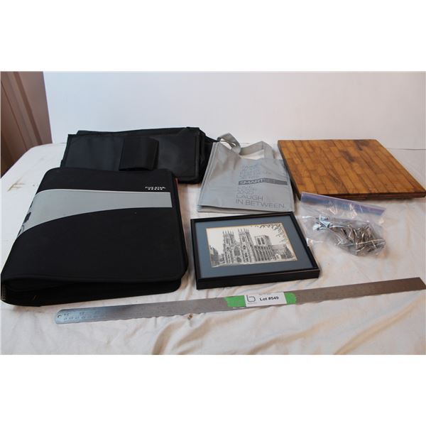 Framed York Minster art, wood cutting board, shoe hanger, Five Star binder with contents, etc