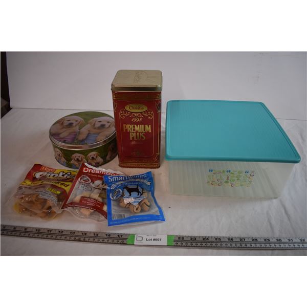 Large Tupperware Container With (2) Tins, dog treats