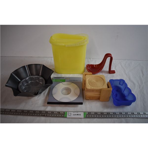 Wooden Coasters, Cake Pans, Spoon Rest, and Tupperware containers