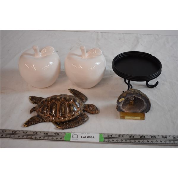 Geode, Ceramic Apples, and Plastic Hawaii Turtle wall hanging