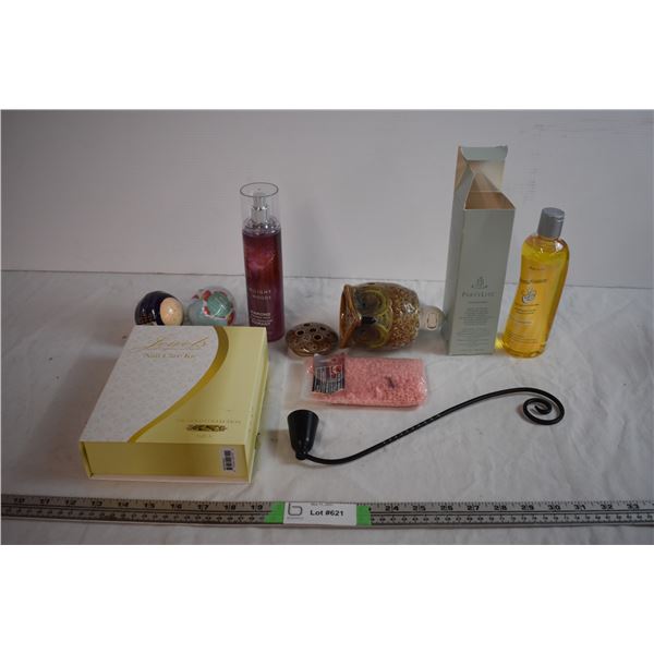 Scentsy wall plug melter with Wax, Bath Bombs, Nail Care Kit, and Body Spray candle snuffer