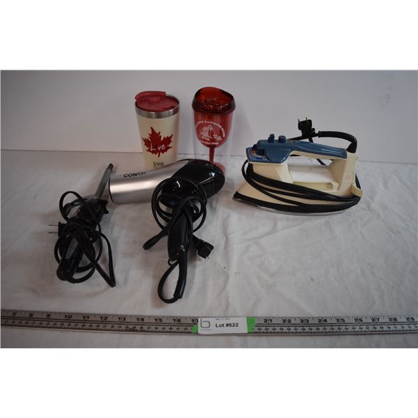 Clothes Iron, Curling Iron, Blow Dryer, and Ellen Travel Mug, travel wine glass