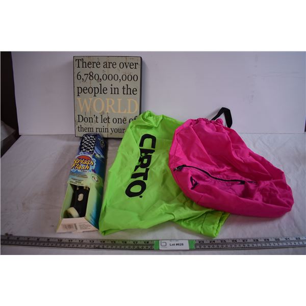 Neon Bags, Umbrella, and Wall Plaque