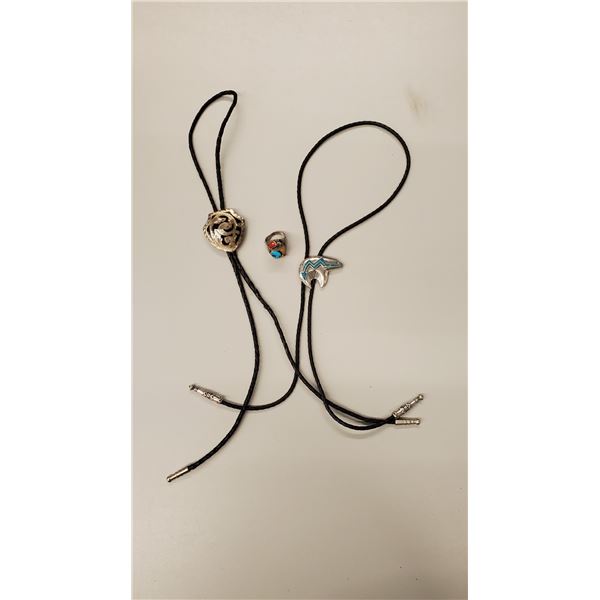Turquoise Silver Bear Claw Navajo Ring Bolo Ties With