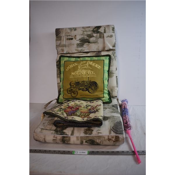 Chair Pillow, John Deere Pillow, Long Tablecloth, and Feather Duster
