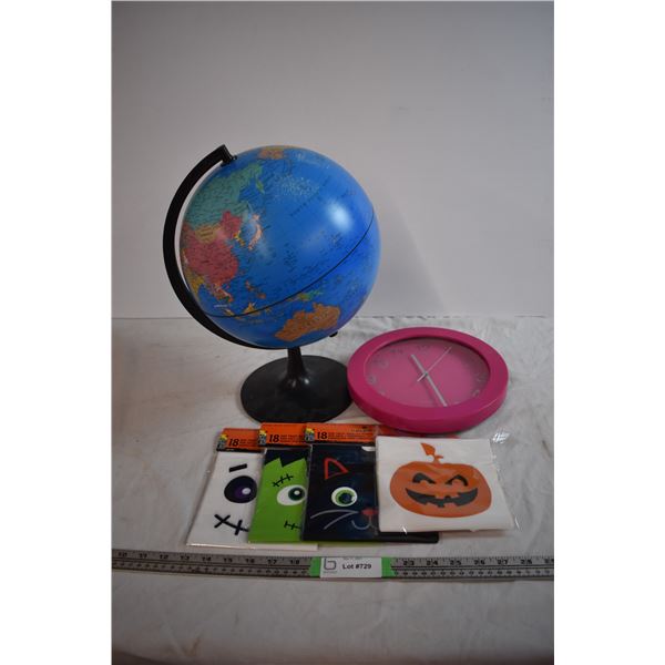 Plastic Globe, Wall Clock, and Halloween Treat Bags