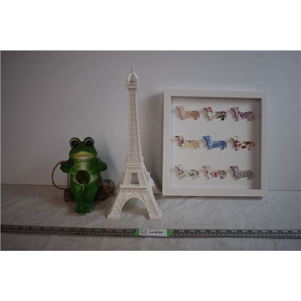 Framed dachshund  Wall Art, Eiffel tower and hanging frog bird feeder