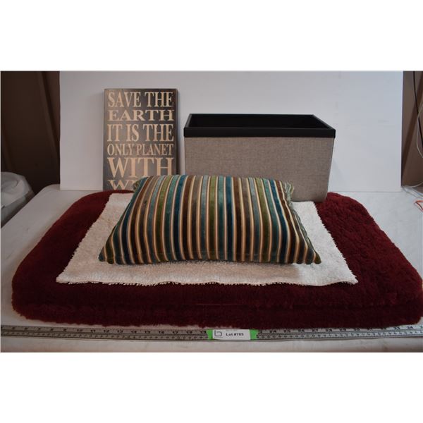 (3) Bath Mats, Storage Bin, Pier 1 Pillow, and Wall Art
