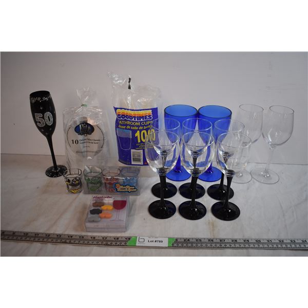(6) Wine Glasses With Plastic Wine Cups, Plastic Cups and Shot Glasses