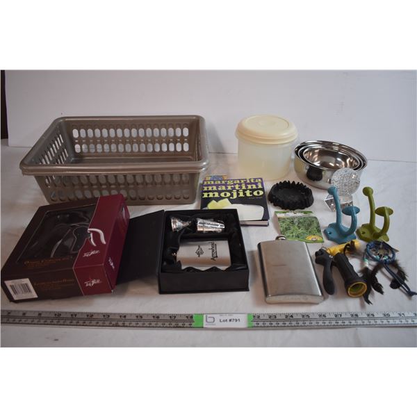 Misc Household Items with (2) Organizer Bins, cast iron hooks, corkscrew