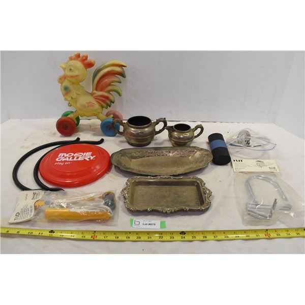 Misc. Lot w/ Silver Plates, Towel Holders, Chicken toy