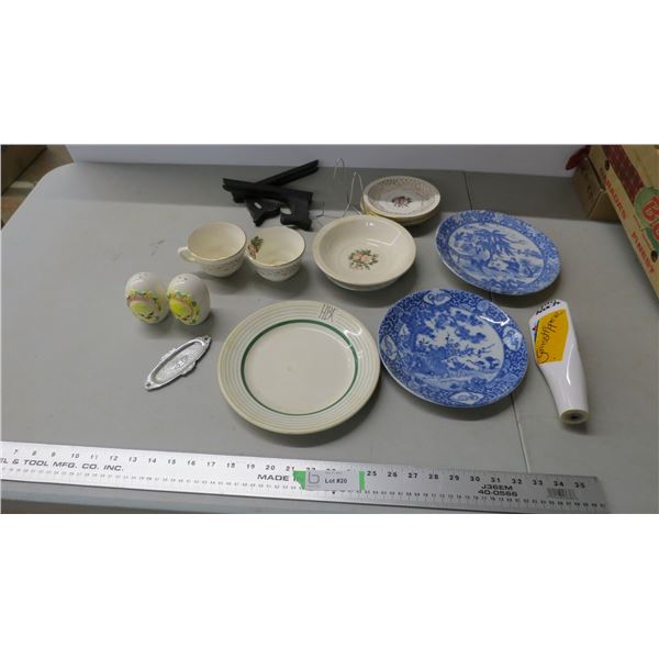 beer dispenser top + dishware + S&P shakers