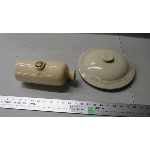 stoneware foot warmer + crock lid (hairline crack, chipped)
