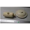 Image 1 : stoneware foot warmer + crock lid (hairline crack, chipped)