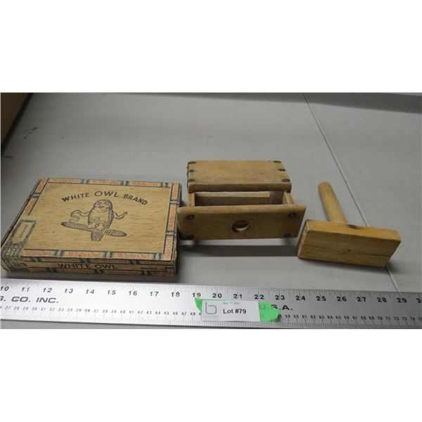 butter press, white owl brand cigar box