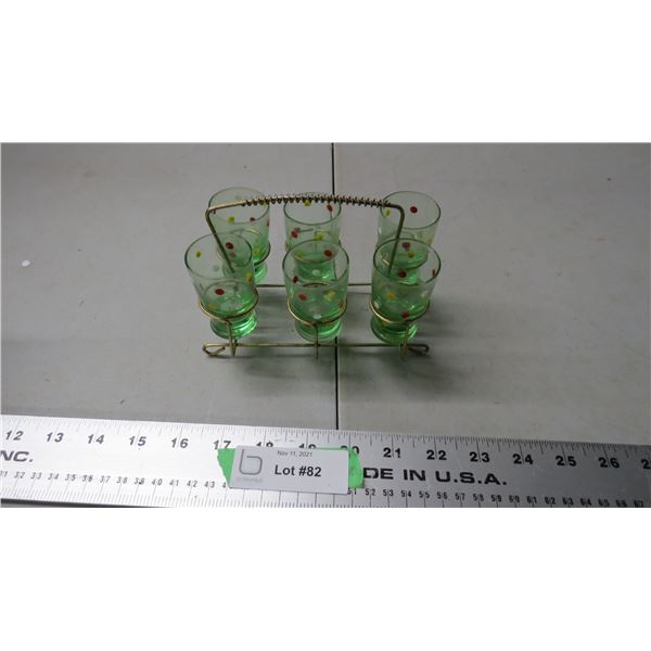 vintage small glasses in holder polka dot (shot glasses?)