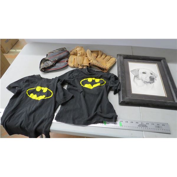 picture in frame, kids batman shirts, 3 ball gloves