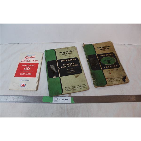 Vintage John Deere operation manuals, 1987-1988 map of Saskatoon