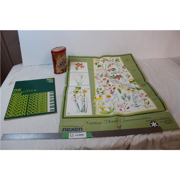 Saskatchewan plant poster, vintage chocolate tin, Organ book