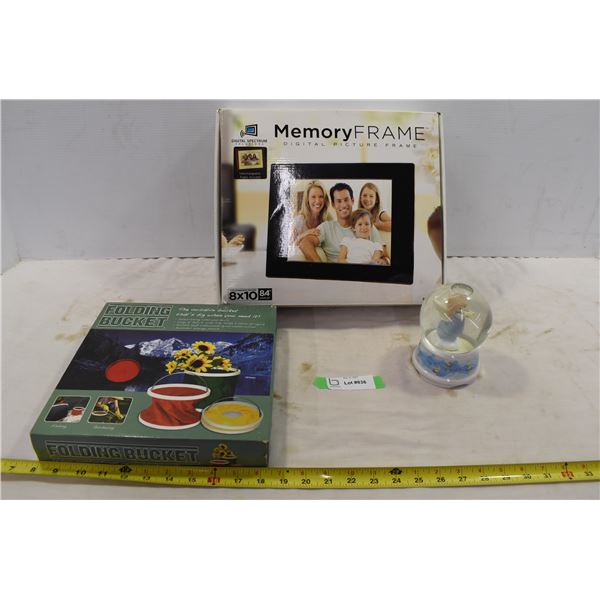 Electronic Picture Frame, Folding Bucket & Precious Moments Snow Globe