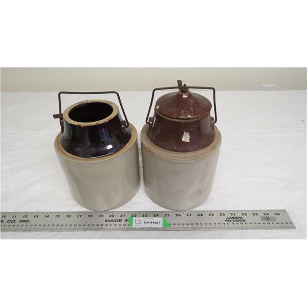(2) Stoneware Pickle Crocks (missing 1 lid) has hairline crack